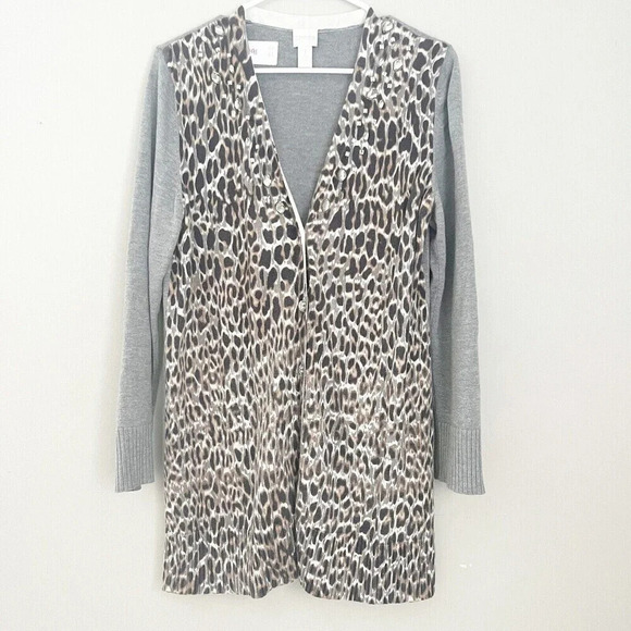 Chicos Women's Leopard Cardigan M/8 Gray Cotton Blend Sweater Button - Picture 2 of 12